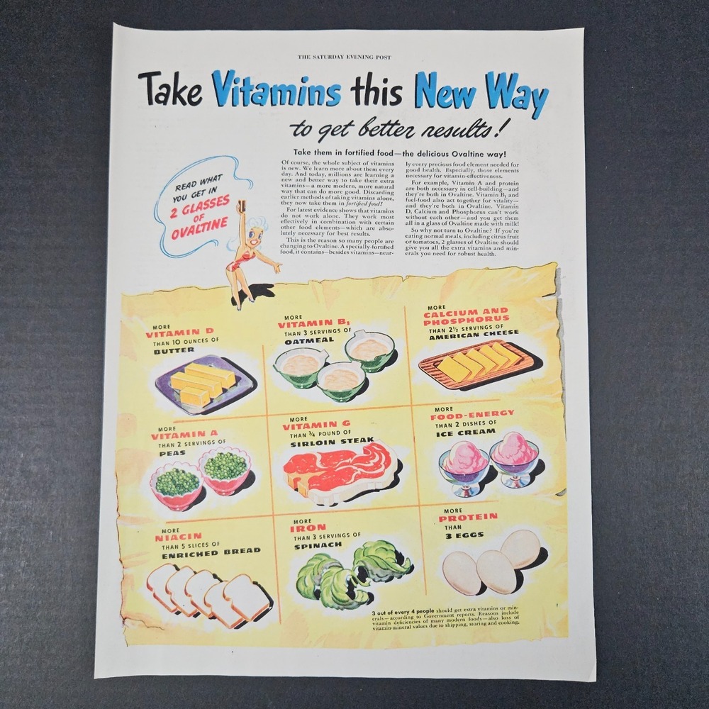1945 Ovaltine Vintage Print Ad Take Vitamins This New Way Food Equivalencies